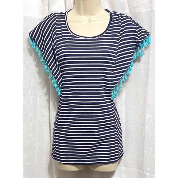 Twenty Second Blue & White Striped Top with Aqua Accented Sleeves sz:S - Picture 1 of 9
